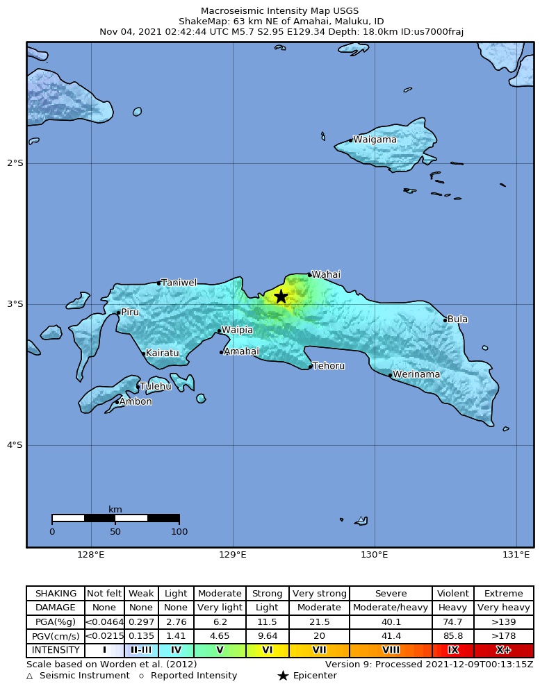 USGS ShakeMap intensity contours for the M5.7 earthquake near 63 km NE of Amahai, Indonesia