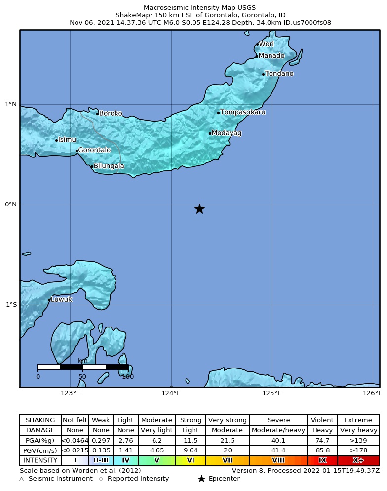 USGS ShakeMap intensity contours for the M6.0 earthquake near 150 km ESE of Gorontalo, Indonesia