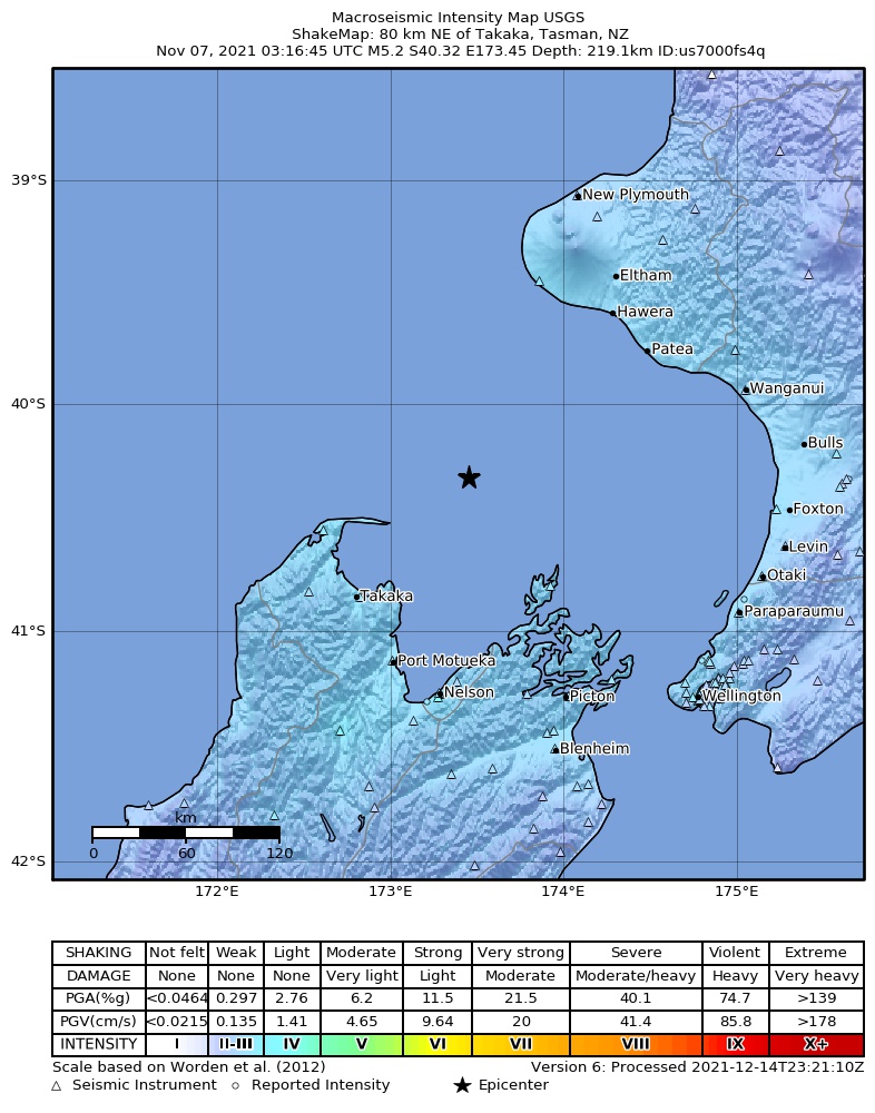 USGS ShakeMap intensity contours for the M5.2 earthquake near 80 km NE of Takaka, New Zealand