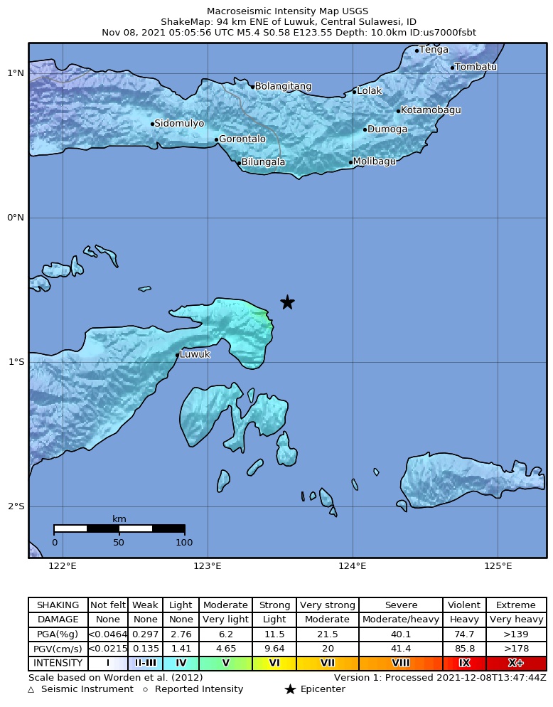 USGS ShakeMap intensity contours for the M5.4 earthquake near Sulawesi, Indonesia