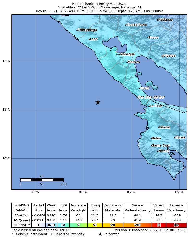 USGS ShakeMap intensity contours for the M5.9 earthquake near 72 km SSW of Masachapa, Nicaragua