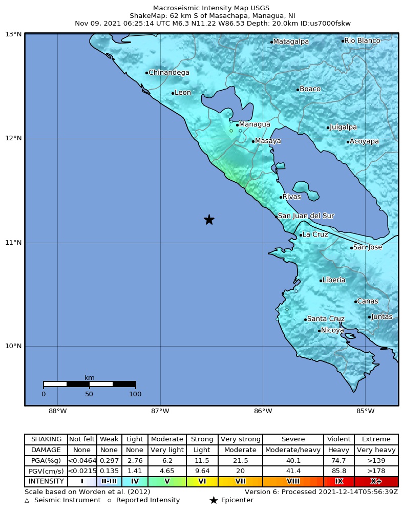 USGS ShakeMap intensity contours for the M6.3 earthquake near 62 km S of Masachapa, Nicaragua