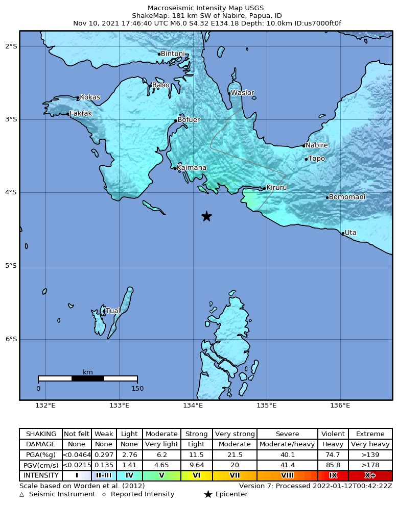 USGS ShakeMap intensity contours for the M6.0 earthquake near 181 km SW of Nabire, Indonesia