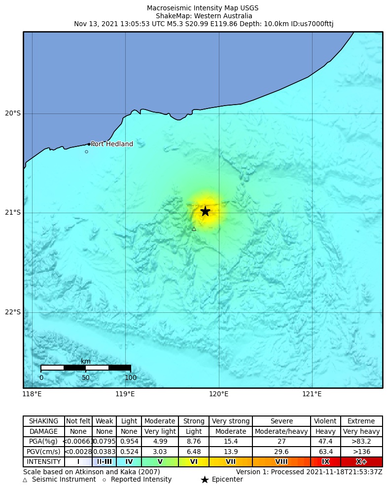 USGS ShakeMap intensity contours for the M5.3 earthquake near 27 km NNE of Marble Bar, Australia