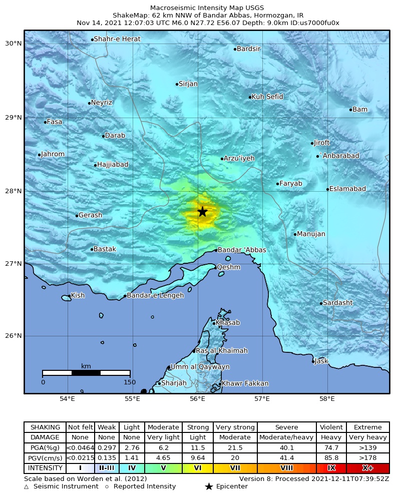 USGS ShakeMap intensity contours for the M6.0 earthquake near 62 km NNW of Bandar Abbas, Iran
