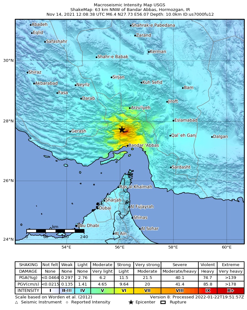 USGS ShakeMap intensity contours for the M6.4 earthquake near 63 km NNW of Bandar Abbas, Iran