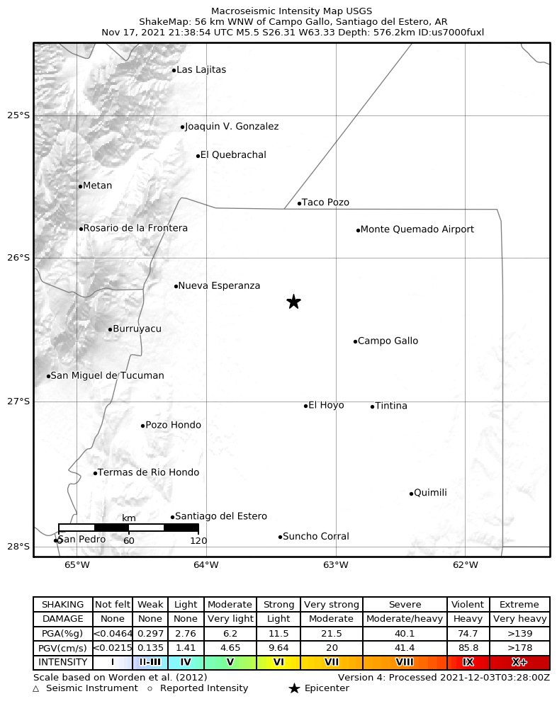 USGS ShakeMap intensity contours for the M5.5 earthquake near 56 km WNW of Campo Gallo, Argentina