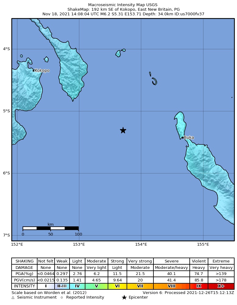 USGS ShakeMap intensity contours for the M6.2 earthquake near 192 km SE of Kokopo, Papua New Guinea