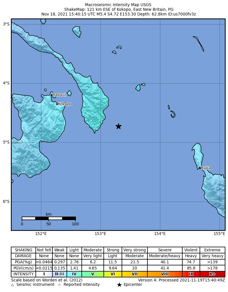 USGS ShakeMap intensity contours for the M5.4 earthquake near 121 km ESE of Kokopo, Papua New Guinea