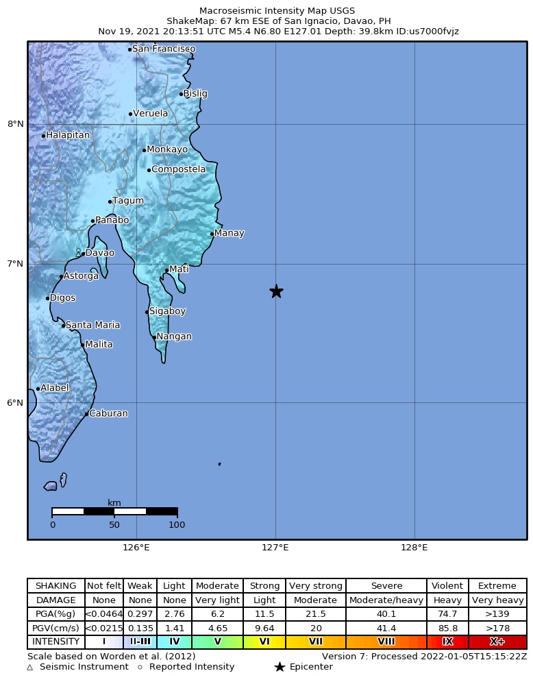 USGS ShakeMap intensity contours for the M5.4 earthquake near 67 km ESE of San Ignacio, Philippines