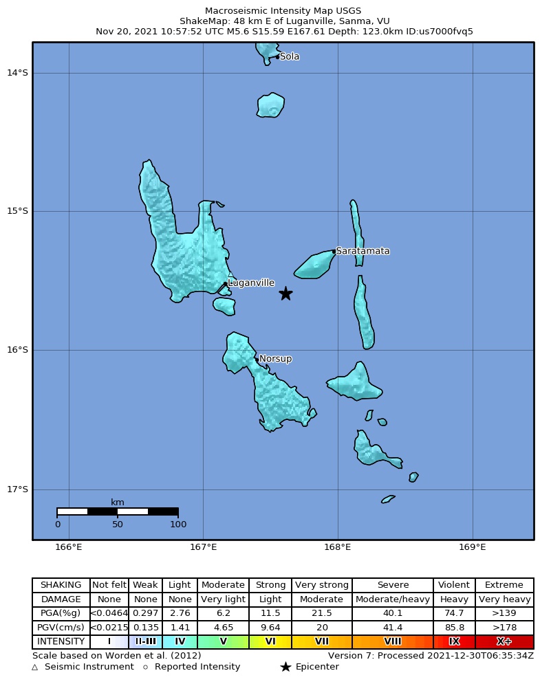 USGS ShakeMap intensity contours for the M5.6 earthquake near 48 km E of Luganville, Vanuatu
