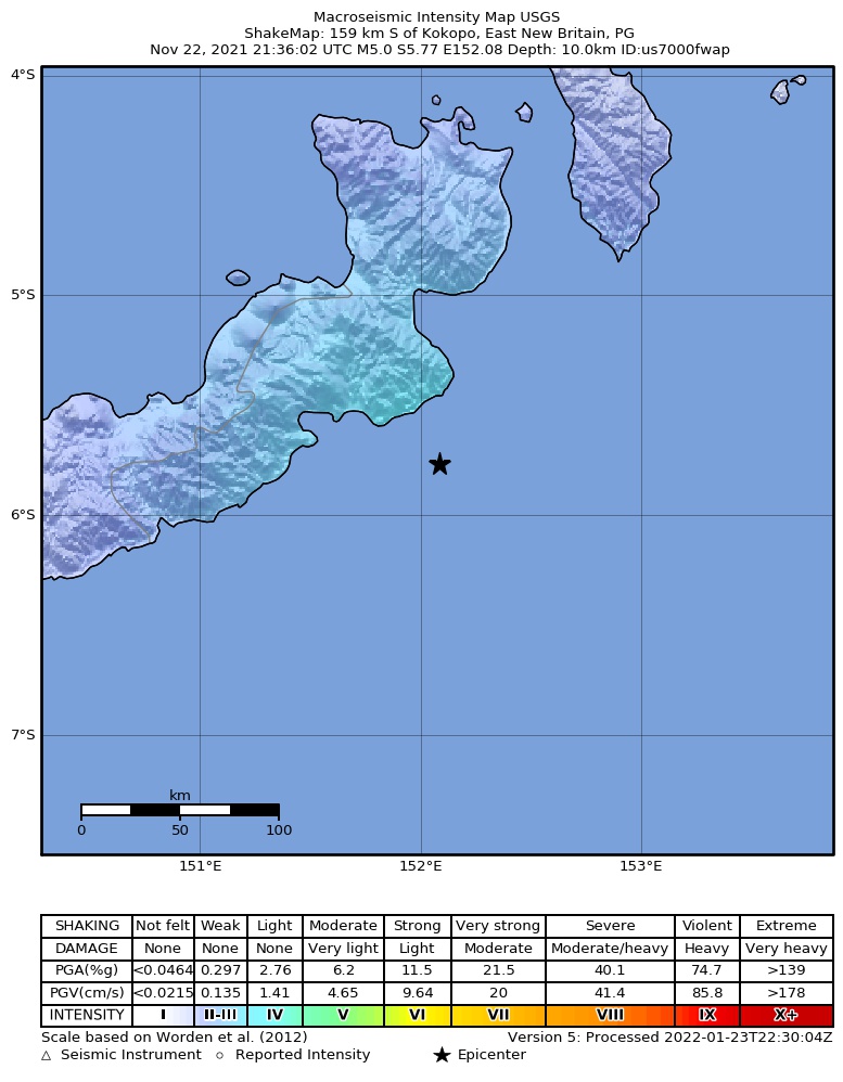 USGS ShakeMap intensity contours for the M5.0 earthquake near 159 km S of Kokopo, Papua New Guinea