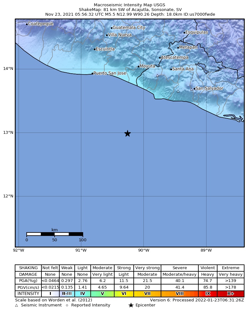 USGS ShakeMap intensity contours for the M5.5 earthquake near 81 km SW of Acajutla, El Salvador