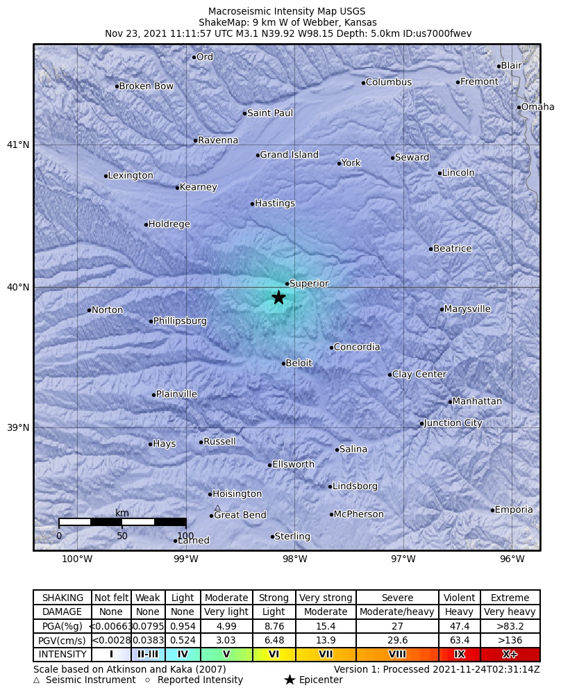 USGS ShakeMap: estimated shaking intensity around the epicenter