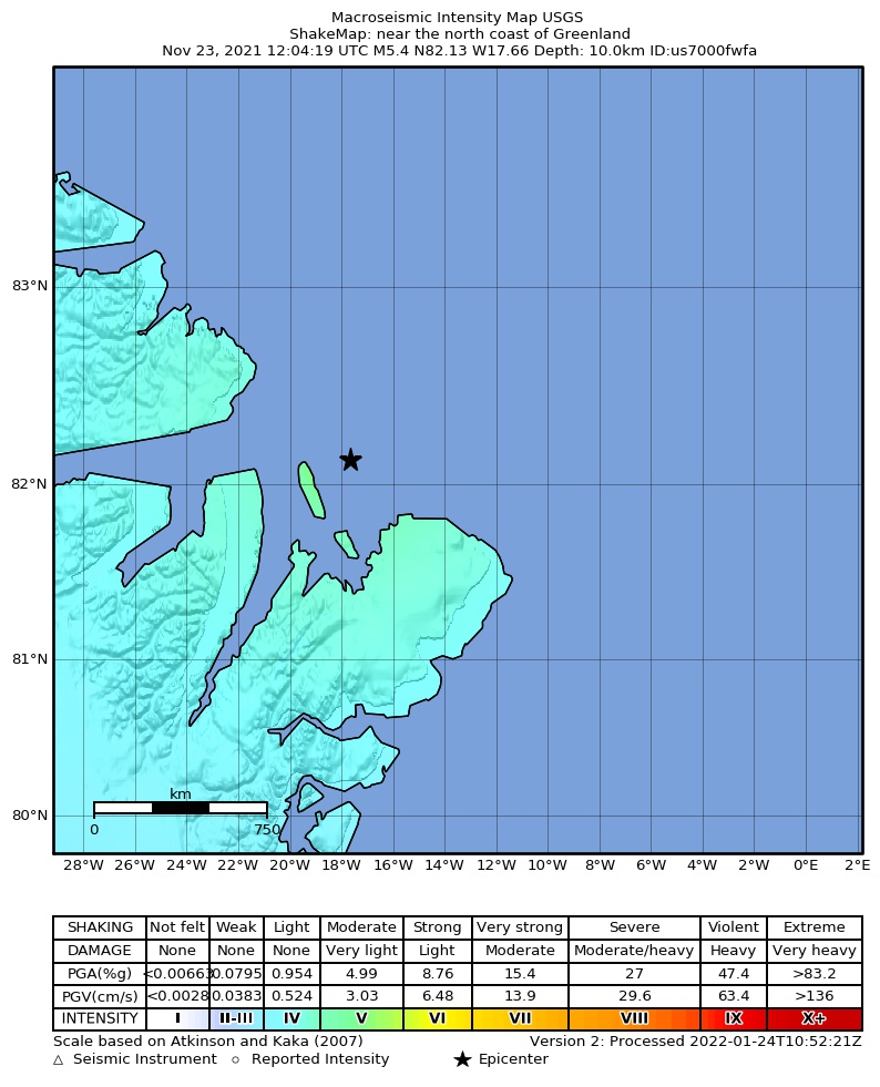 USGS ShakeMap intensity contours for the M5.4 earthquake near near the north coast of Greenland