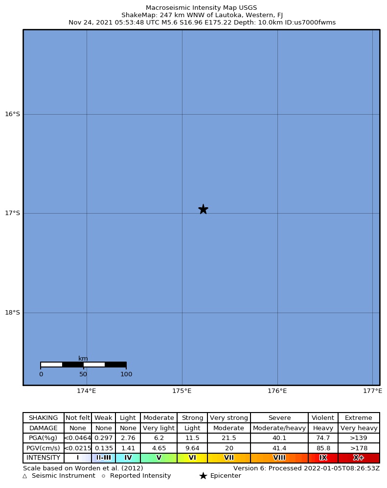 USGS ShakeMap intensity contours for the M5.6 earthquake near 247 km WNW of Lautoka, Fiji
