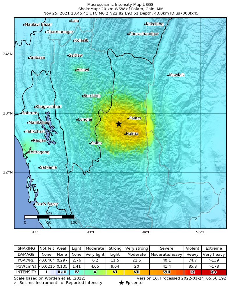 USGS ShakeMap intensity contours for the M6.2 earthquake near 20 km WSW of Falam, Myanmar