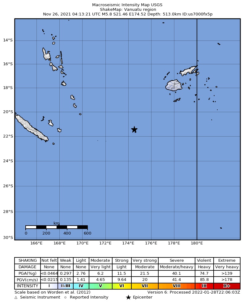 USGS ShakeMap intensity contours for the M5.8 earthquake near Vanuatu region
