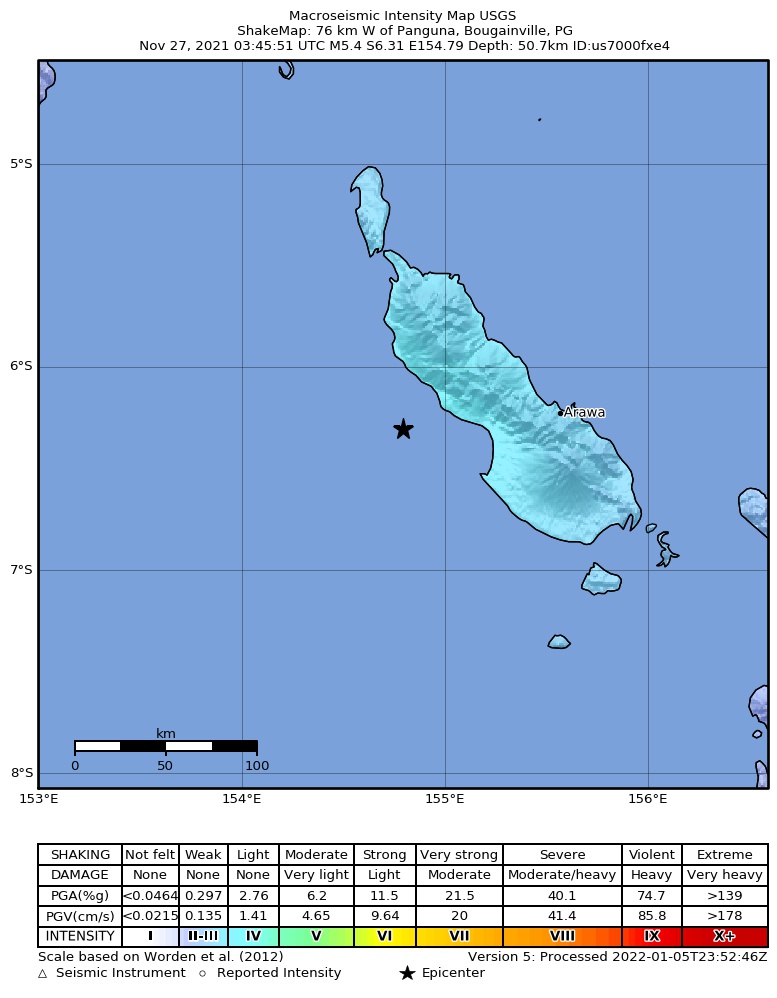USGS ShakeMap intensity contours for the M5.4 earthquake near 76 km W of Panguna, Papua New Guinea