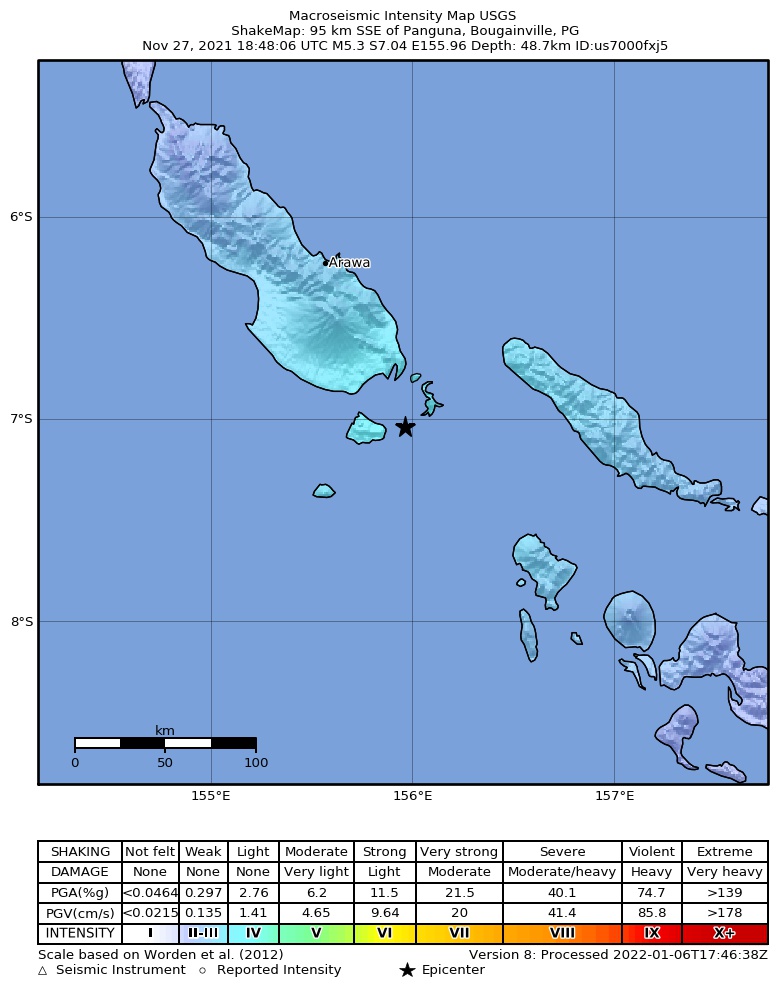 USGS ShakeMap intensity contours for the M5.3 earthquake near 95 km SSE of Panguna, Papua New Guinea