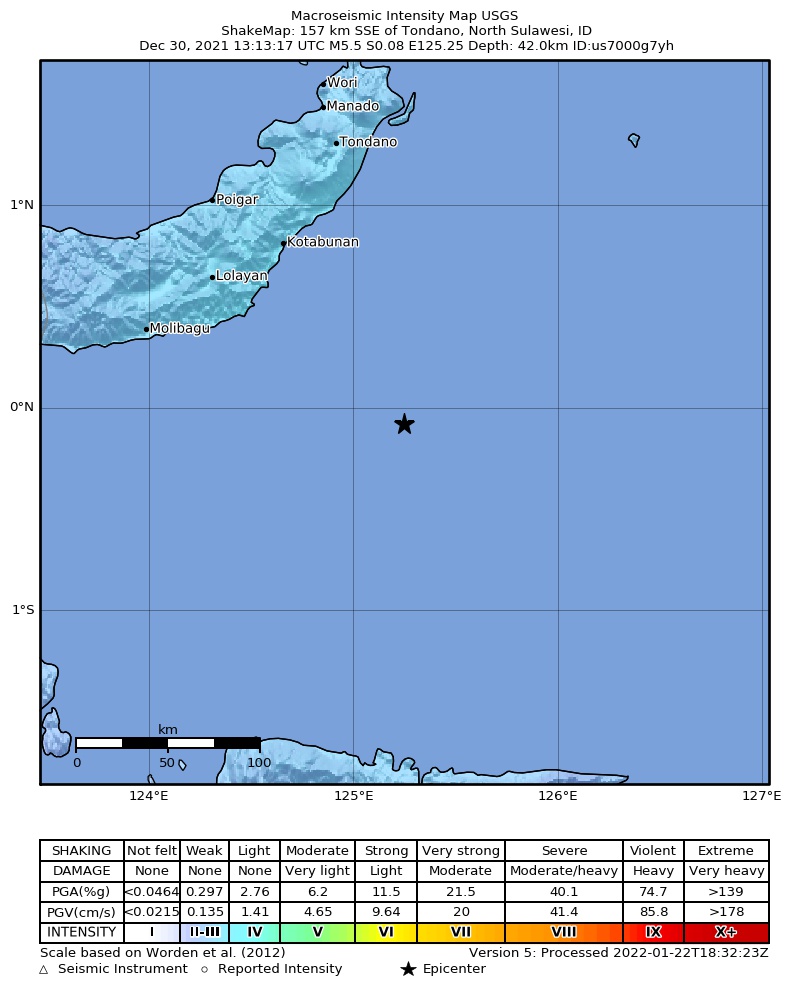 USGS ShakeMap intensity contours for the M5.5 earthquake near 157 km SSE of Tondano, Indonesia