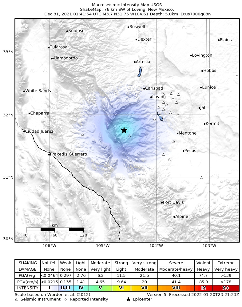 USGS ShakeMap: estimated shaking intensity around the epicenter