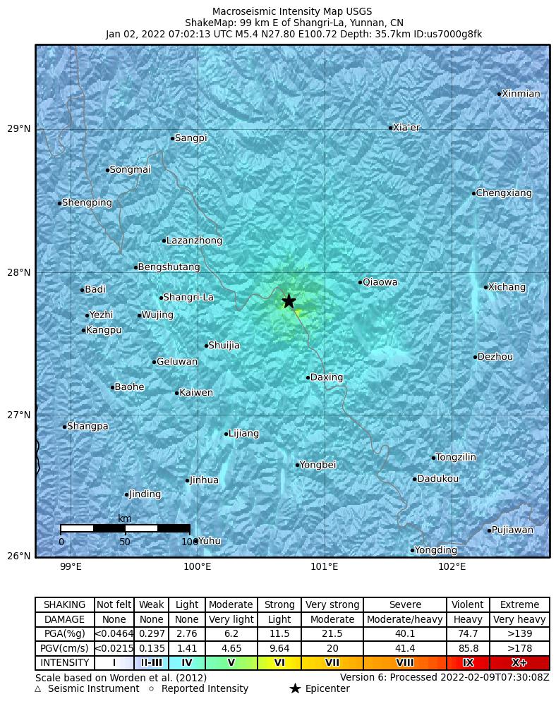 USGS ShakeMap intensity contours for the M5.4 earthquake near 99 km E of Shangri-La, China