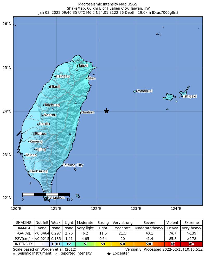 USGS ShakeMap intensity contours for the M6.2 earthquake near 66 km E of Hualien City, Taiwan