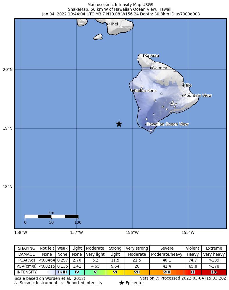 USGS ShakeMap intensity contours for the M3.4 earthquake near 49 km W of Hawaiian Ocean View, Hawaii