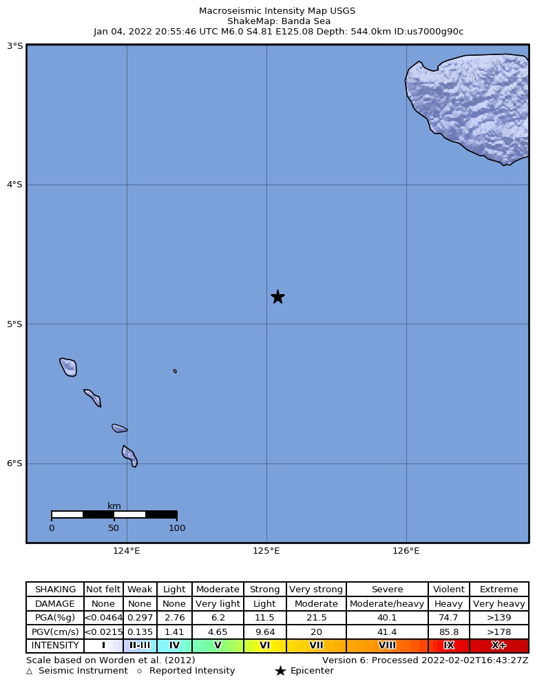 USGS ShakeMap intensity contours for the M6.0 earthquake near 284 km E of Katabu, Indonesia