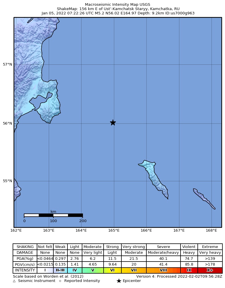 USGS ShakeMap intensity contours for the M5.2 earthquake near 156 km E of Ust’-Kamchatsk Staryy, Russia