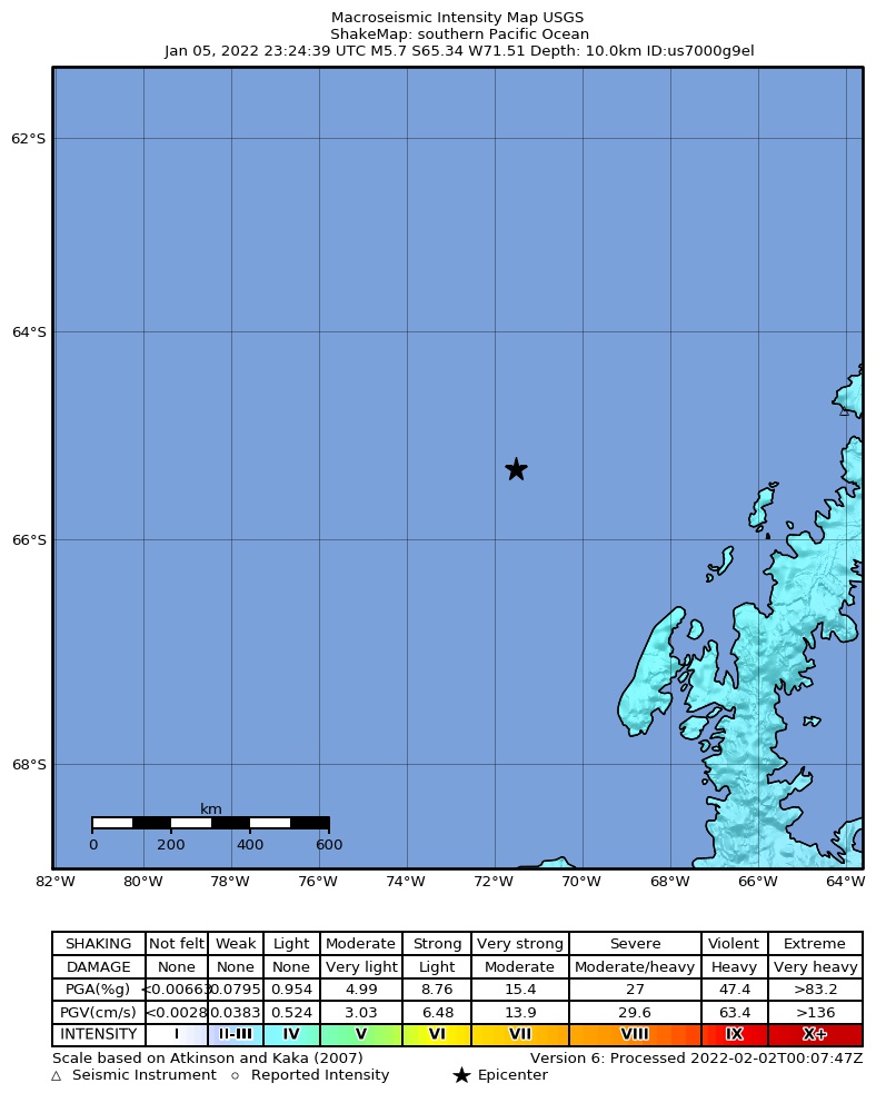 USGS ShakeMap intensity contours for the M5.7 earthquake near southern Pacific Ocean
