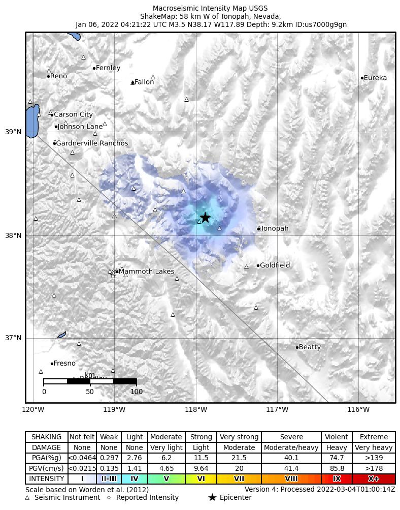 USGS ShakeMap: estimated shaking intensity around the epicenter