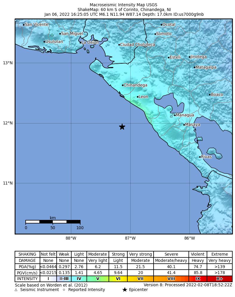 USGS ShakeMap intensity contours for the M6.1 earthquake near near the coast of Nicaragua
