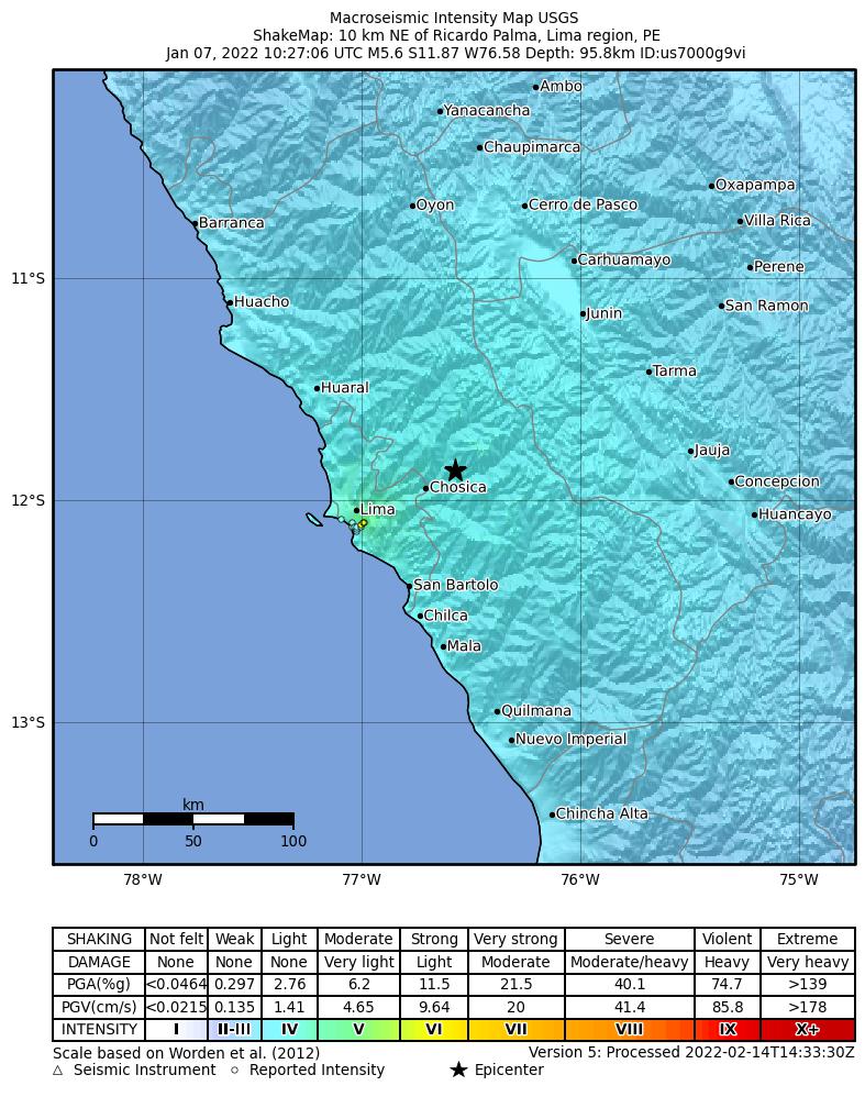 USGS ShakeMap intensity contours for the M5.6 earthquake near 6 km NW of Cocachacra, Peru