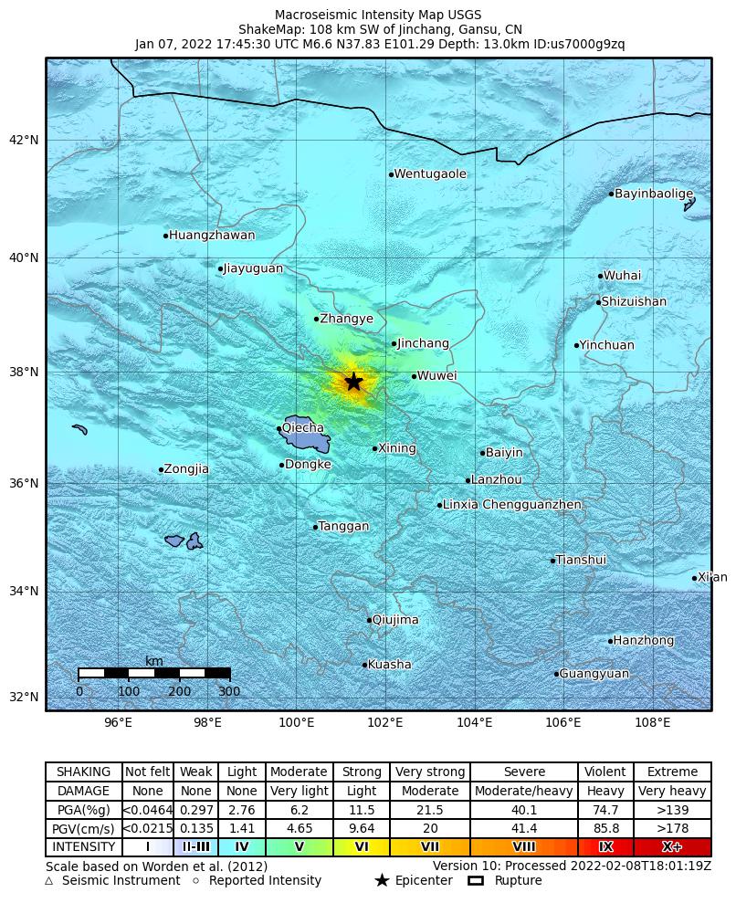 USGS ShakeMap intensity contours for the M6.6 earthquake near northern Qinghai, China