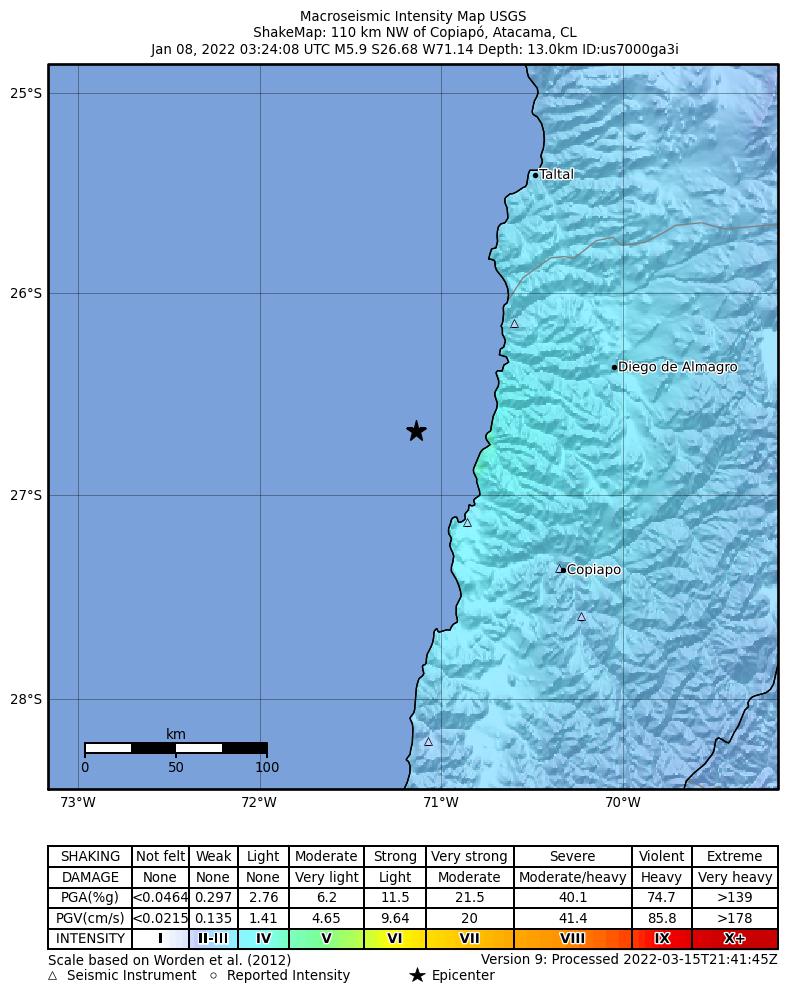 USGS ShakeMap intensity contours for the M5.9 earthquake near 110 km NW of Copiapó, Chile