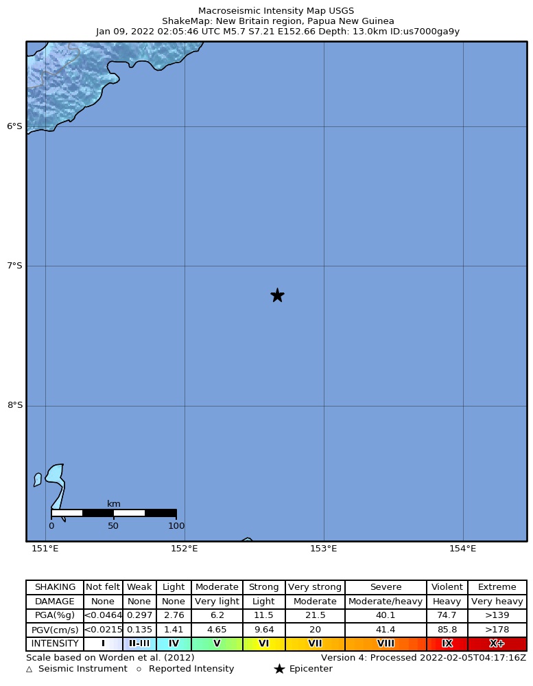 USGS ShakeMap intensity contours for the M5.7 earthquake near New Britain region, Papua New Guinea
