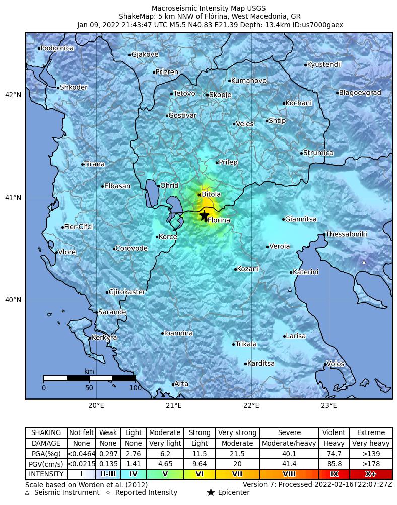 USGS ShakeMap intensity contours for the M5.5 earthquake near 5 km NNW of Flórina, Greece