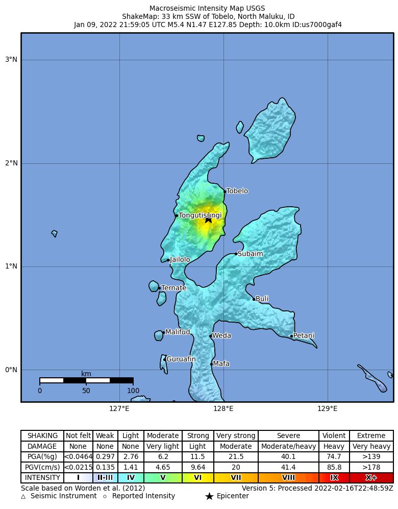 USGS ShakeMap intensity contours for the M5.4 earthquake near 33 km SSW of Tobelo, Indonesia