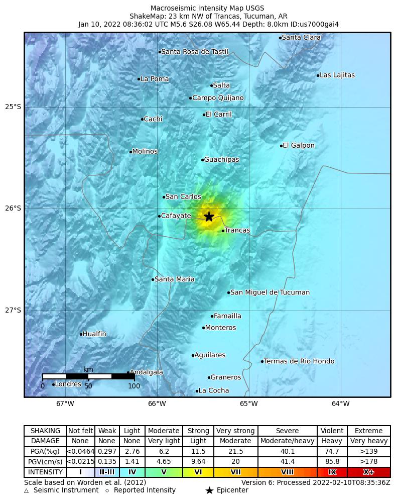 USGS ShakeMap intensity contours for the M5.6 earthquake near 23 km NW of Trancas, Argentina