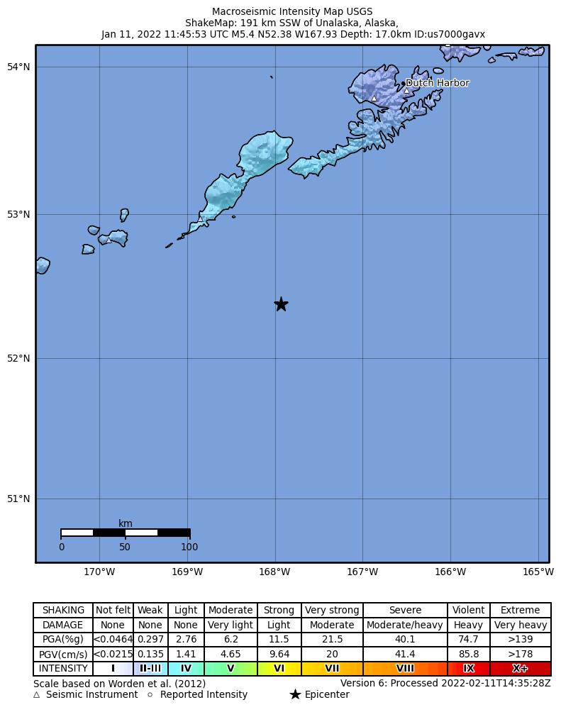USGS ShakeMap intensity contours for the M5.4 earthquake near 88 km SE of Nikolski, Alaska