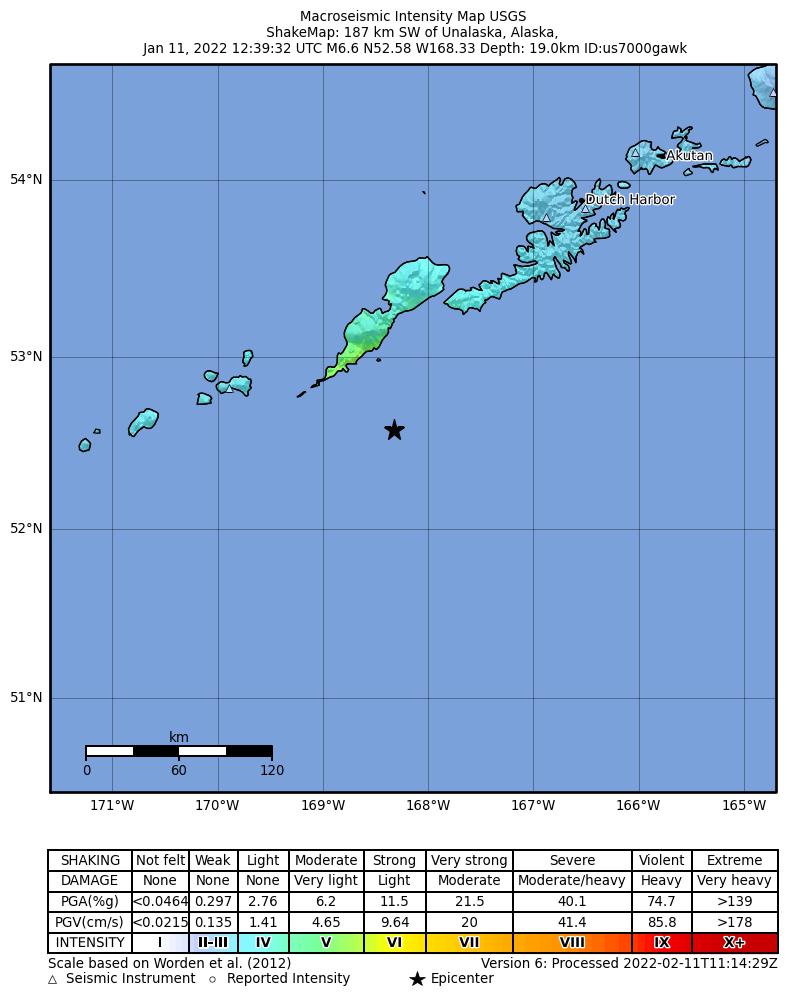 USGS ShakeMap intensity contours for the M6.6 earthquake near 53 km SE of Nikolski, Alaska
