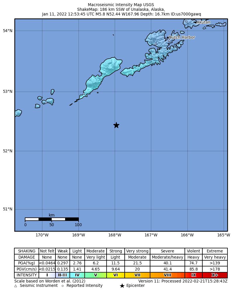 USGS ShakeMap intensity contours for the M5.8 earthquake near 82 km SE of Nikolski, Alaska