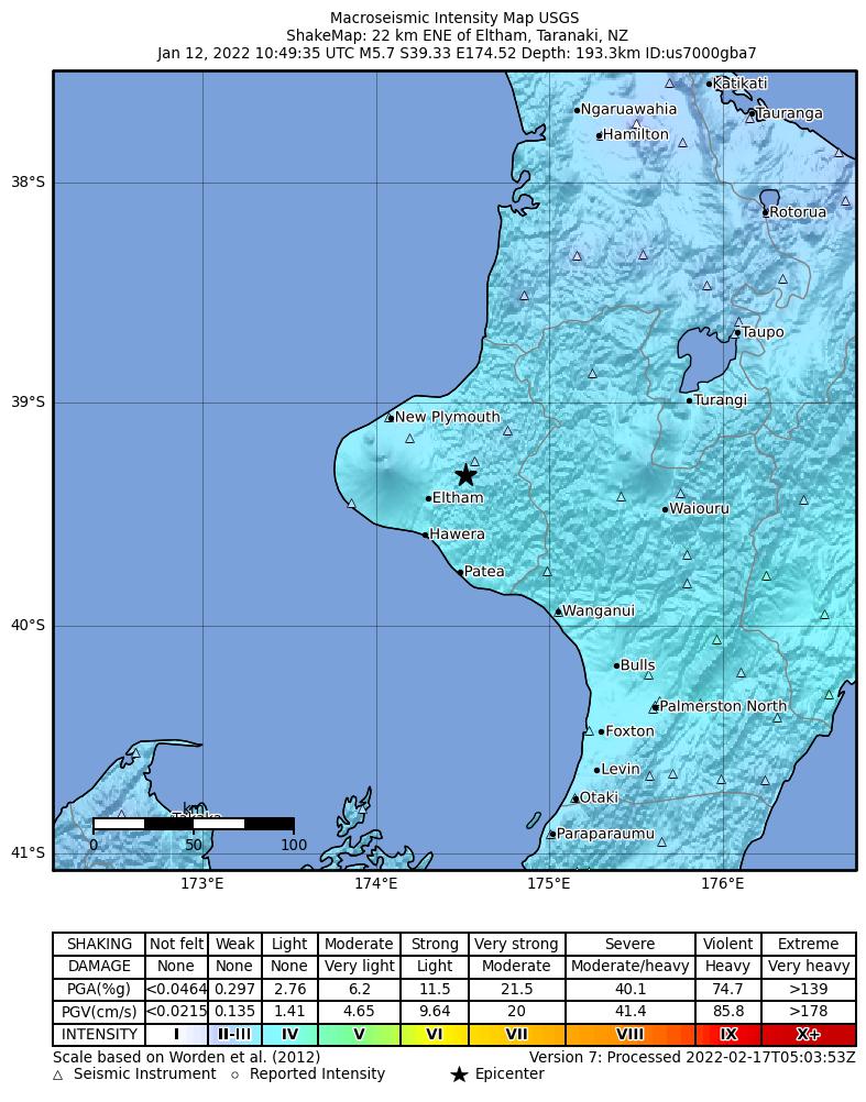 USGS ShakeMap intensity contours for the M5.7 earthquake near 22 km ENE of Eltham, New Zealand