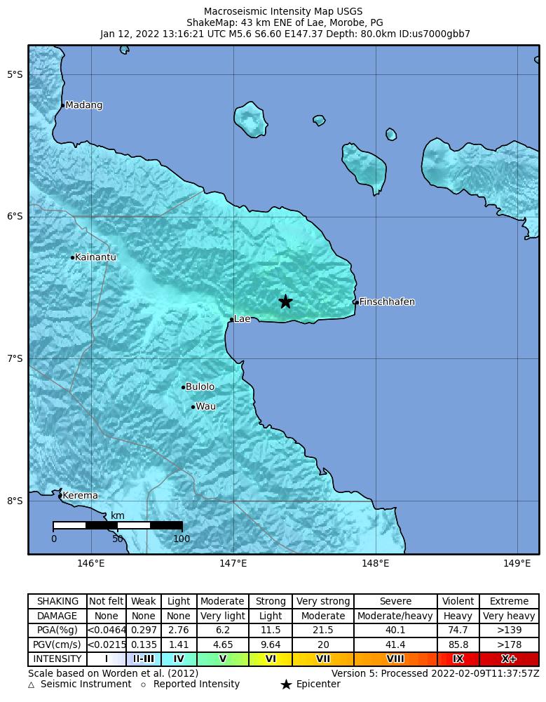 USGS ShakeMap intensity contours for the M5.6 earthquake near 43 km ENE of Lae, Papua New Guinea