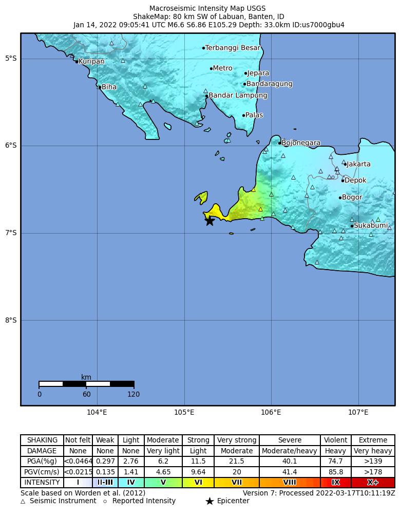 USGS ShakeMap intensity contours for the M6.6 earthquake near 80 km SW of Labuan, Indonesia