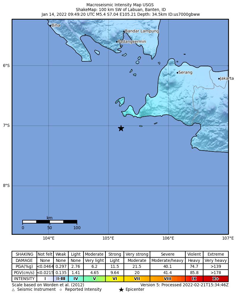USGS ShakeMap intensity contours for the M5.4 earthquake near 100 km SW of Labuan, Indonesia