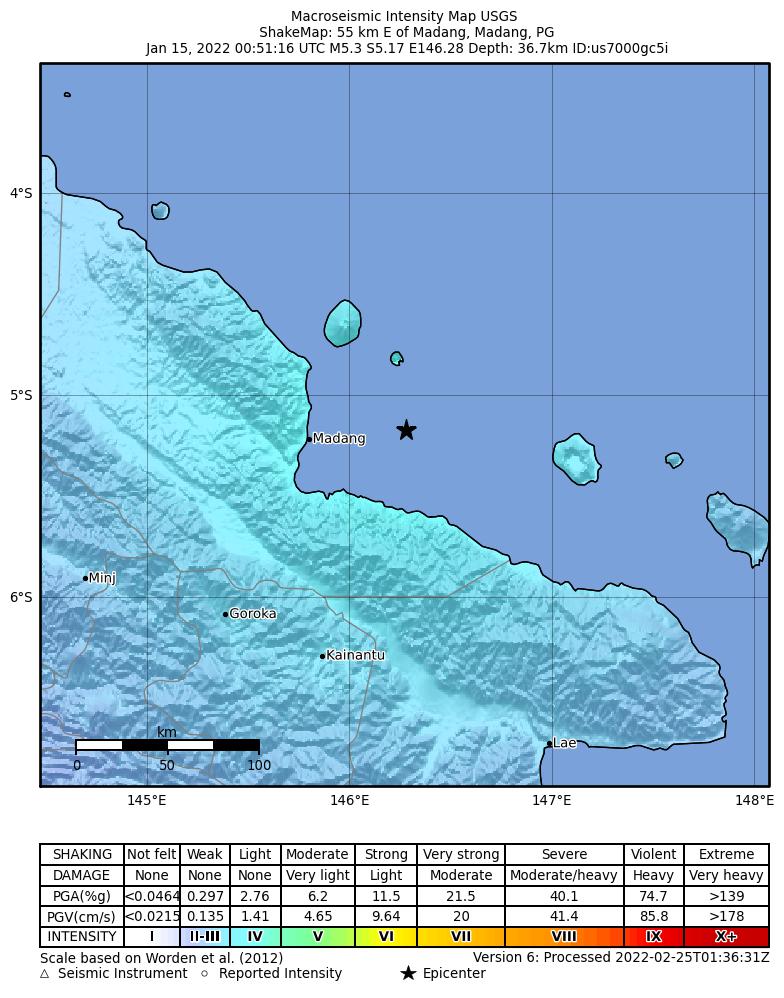 USGS ShakeMap intensity contours for the M5.3 earthquake near 55 km E of Madang, Papua New Guinea