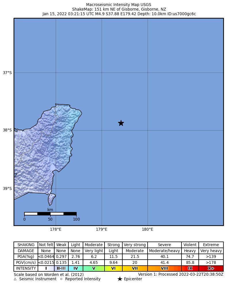 USGS ShakeMap intensity contours for the M4.9 earthquake near 151 km NE of Gisborne, New Zealand